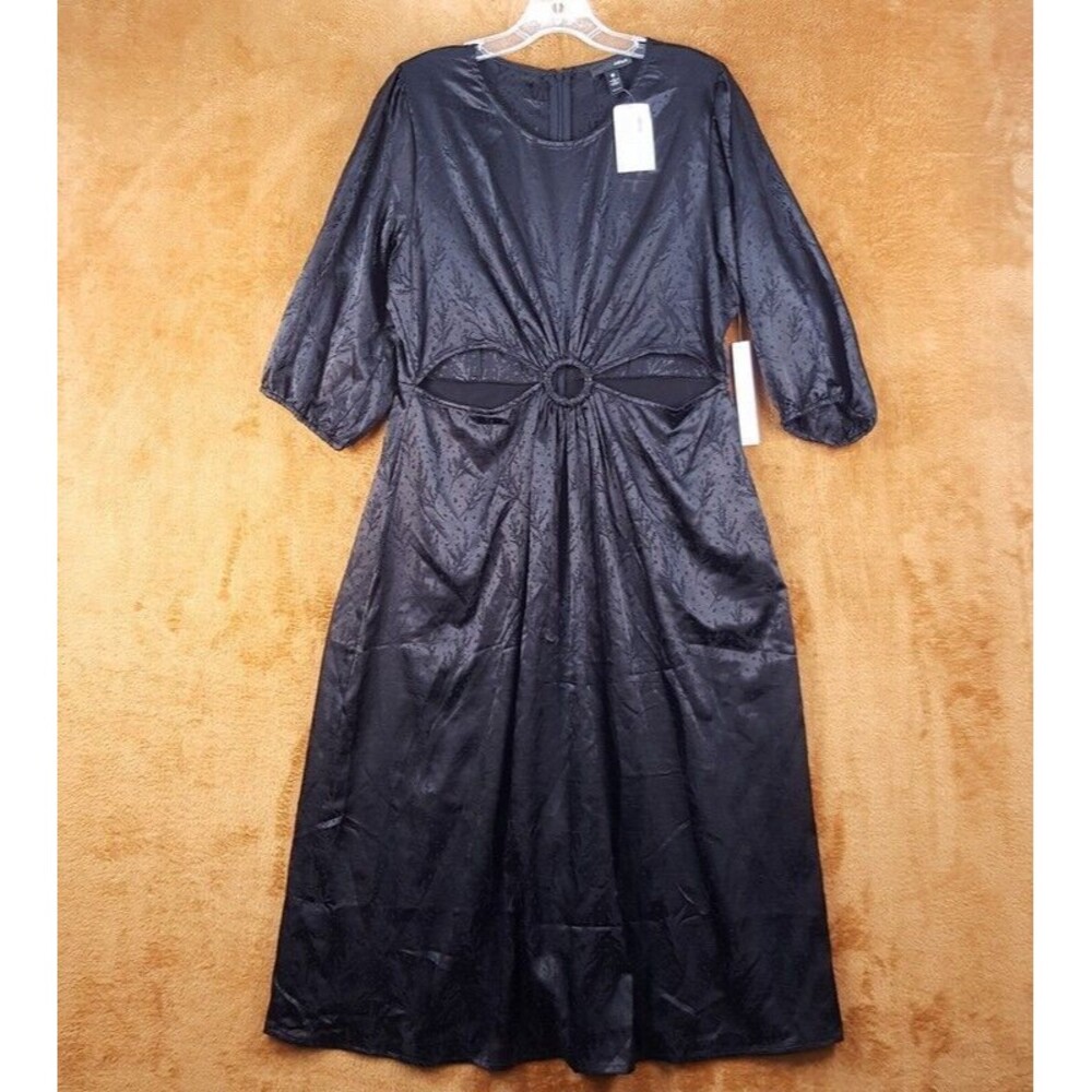 AQUA Womens Dress Large Black Midi Cut Out Gathered Satin Retro Vintage Inspired